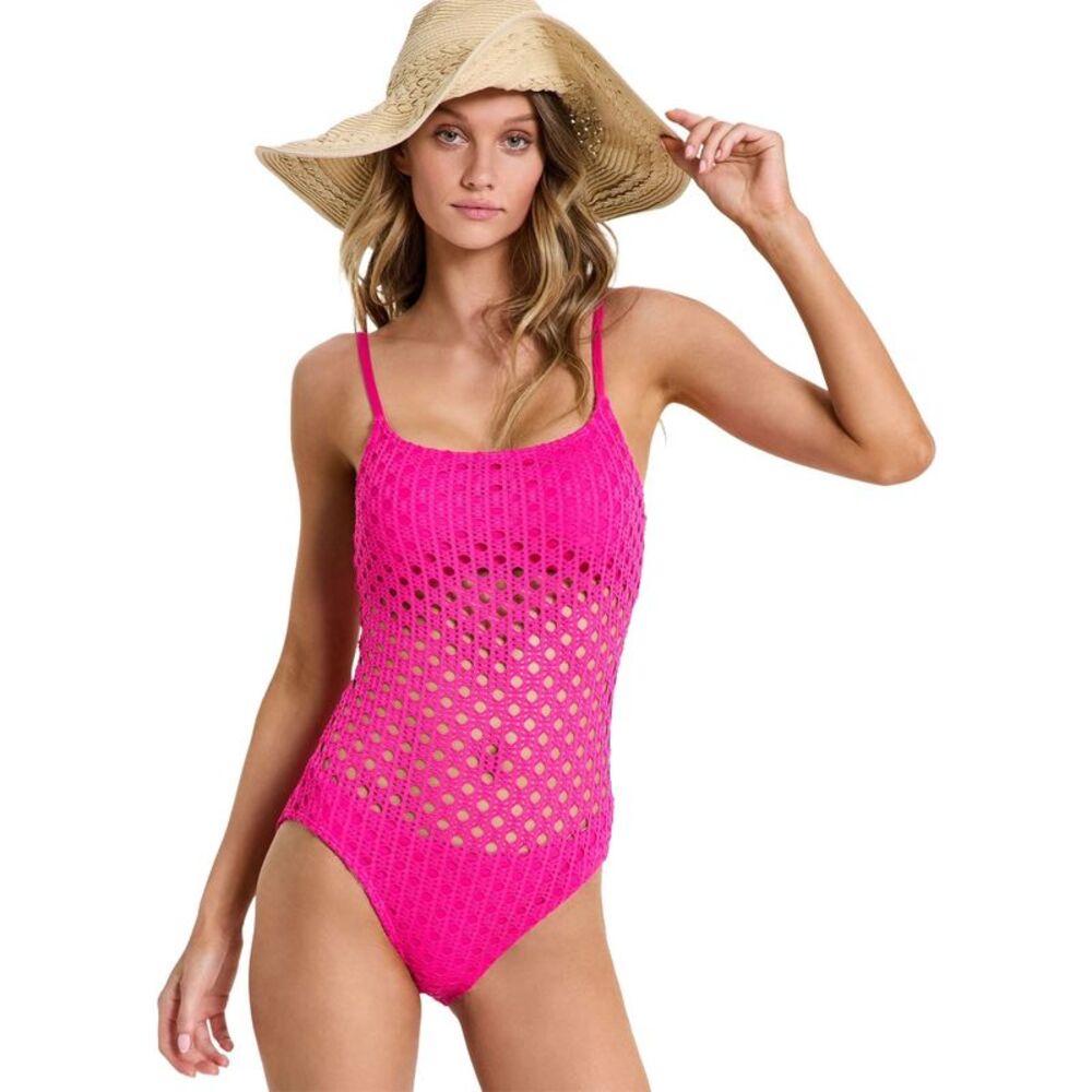 Carmen Marc Valvo Womens Crochet Scoop-Neck One-Piece Swimsuit 12 Pink NWT $98